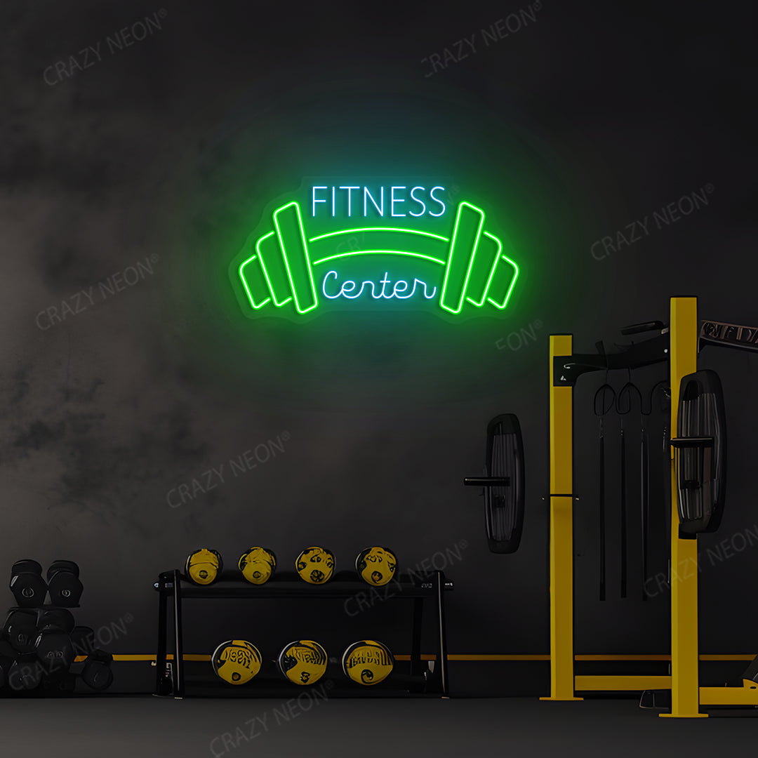 green and ice blue fitness center neon sign mounted on a wall