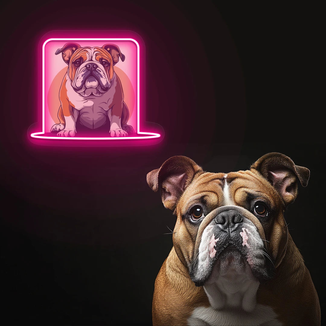 Bulldog Portrait Neon Artwork in Pink color