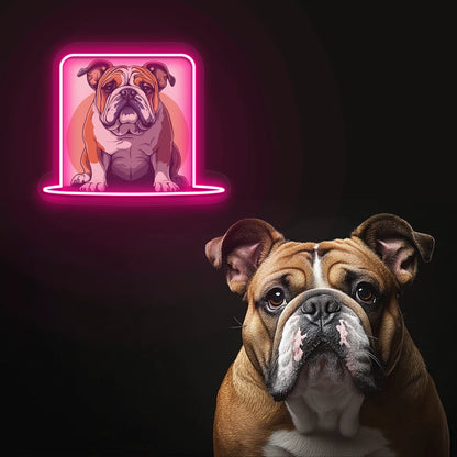 Bulldog Portrait Neon Artwork in Pink color