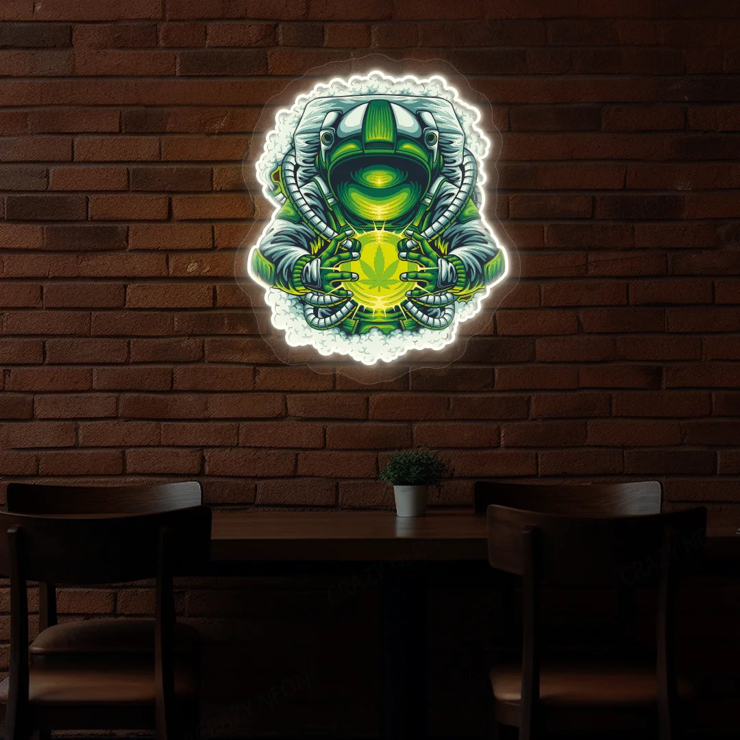 Cosmic Weed Astronaut Neon Artwork in white Color