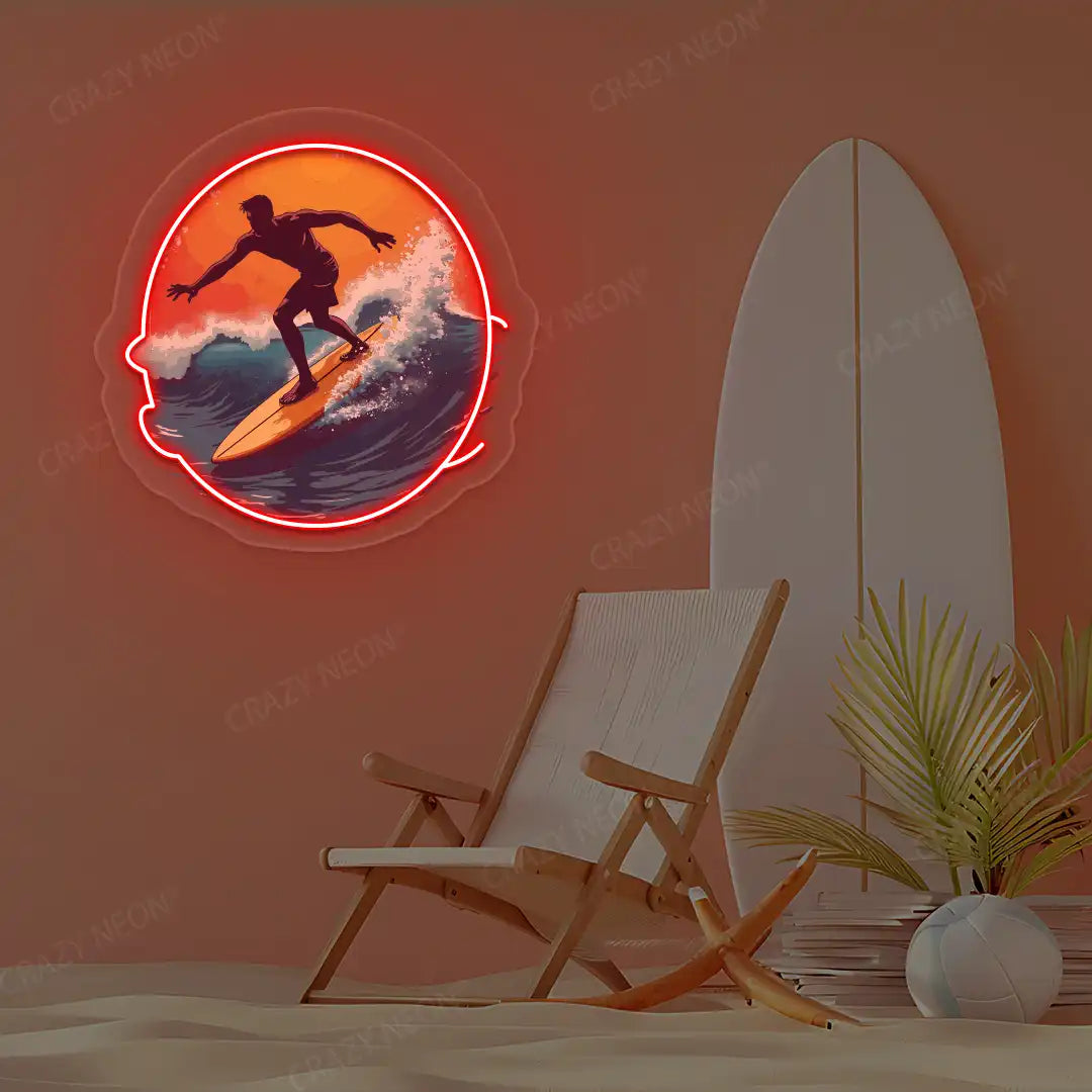 red surfer catching wave neon artwork mounted on a wall