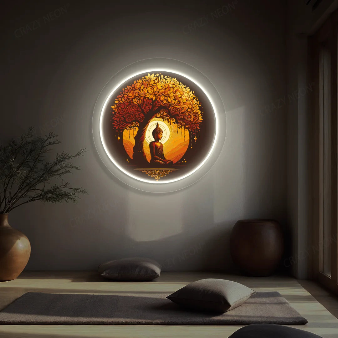 Golden Bodhi Buddha Neon Artwork lighting up in warm white color in a yoga room