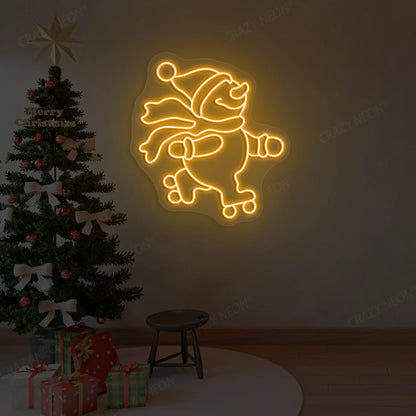 Skating Snowman Neon Sign | Orange