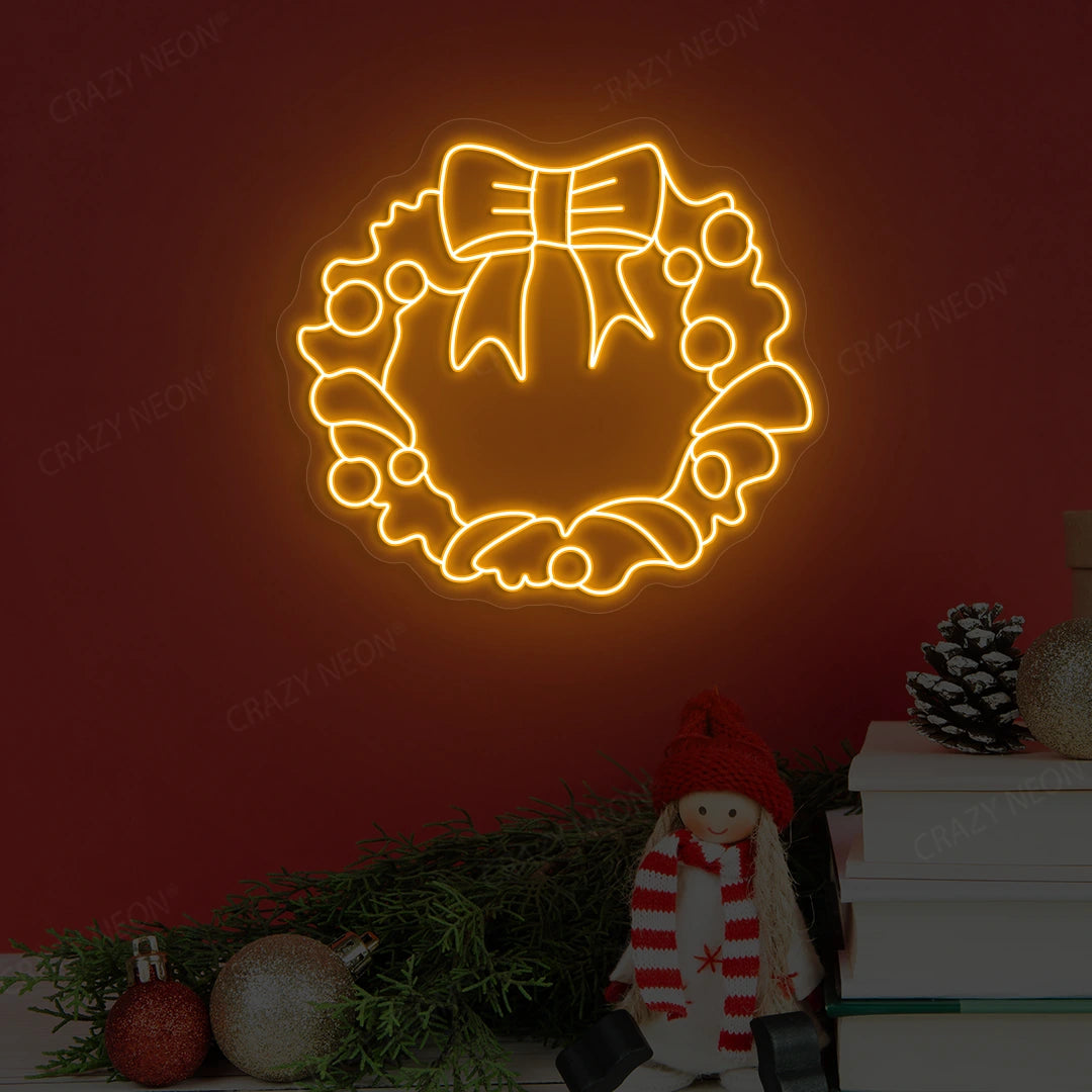 Holiday Bow Wreath Neon Sign | Orange