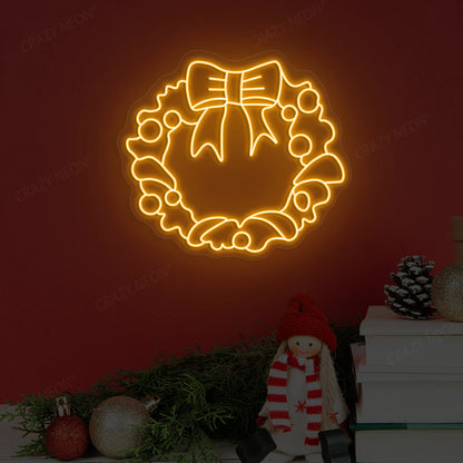 Holiday Bow Wreath Neon Sign | Orange