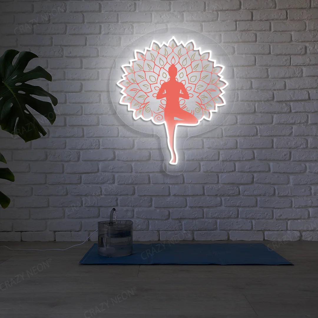 Mandala Yogi Harmony Tree Pose Yoga Neon Artwork lighting up in white color in a yoga room