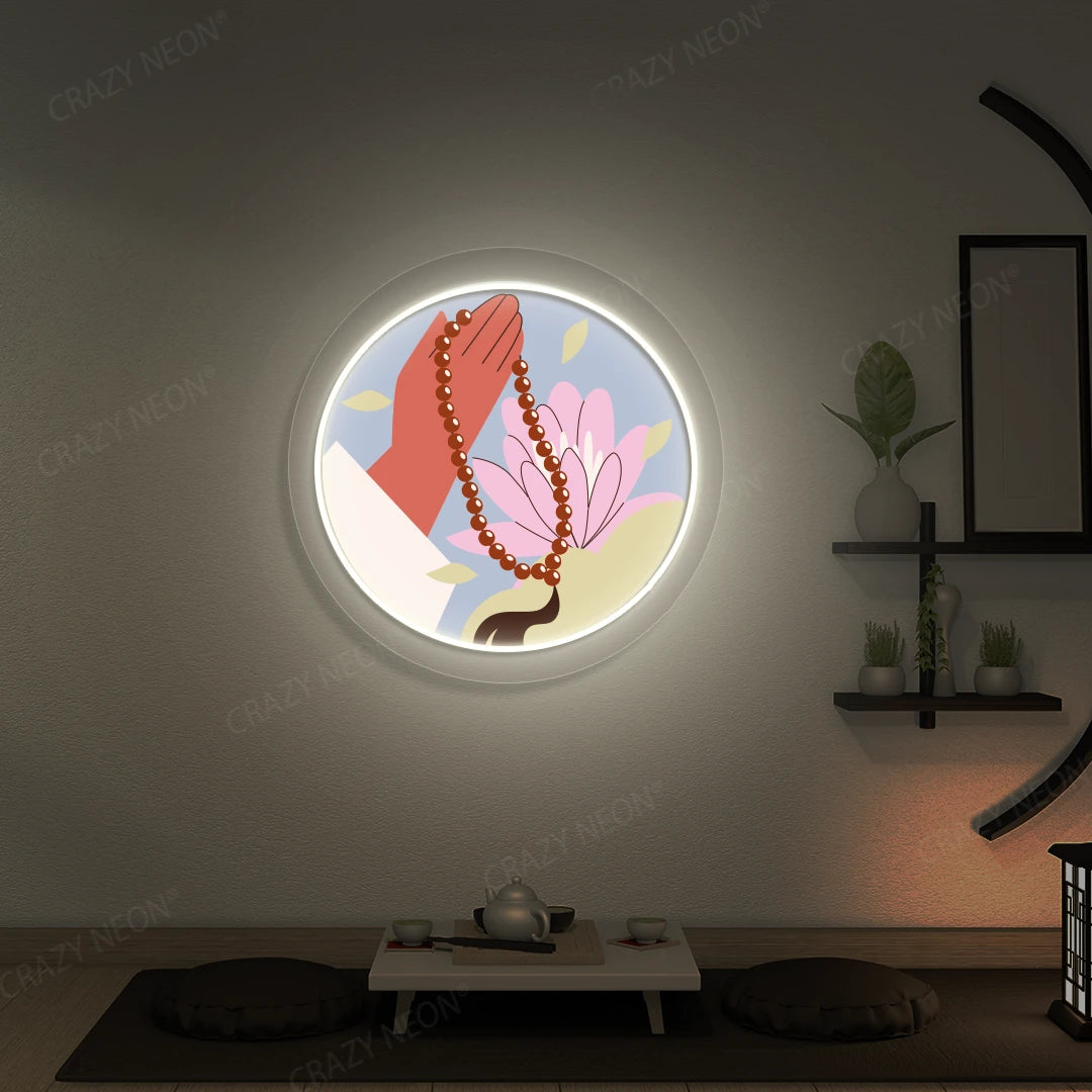 Lotus Japa Neon Artwork lighting up in warm white color in a yoga room