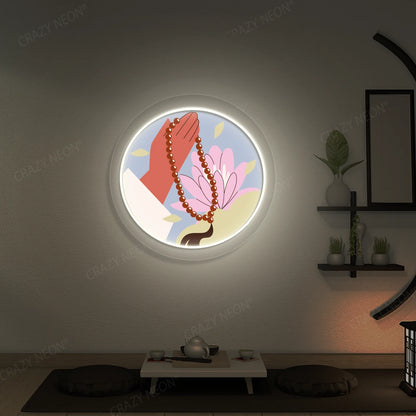 Lotus Japa Neon Artwork lighting up in warm white color in a yoga room