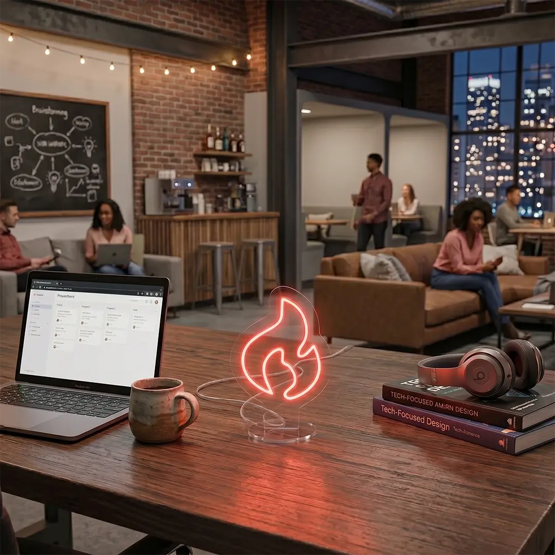 Flame Neon Desk Lamp glowing in red light on a coworking space desk beside a laptop, coffee mug, and headphones in a modern office setting.