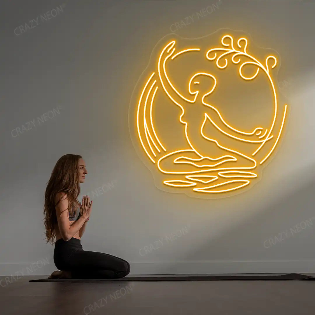 Chi Flow meditation Neon Sign lighting up in orange color in a yoga room