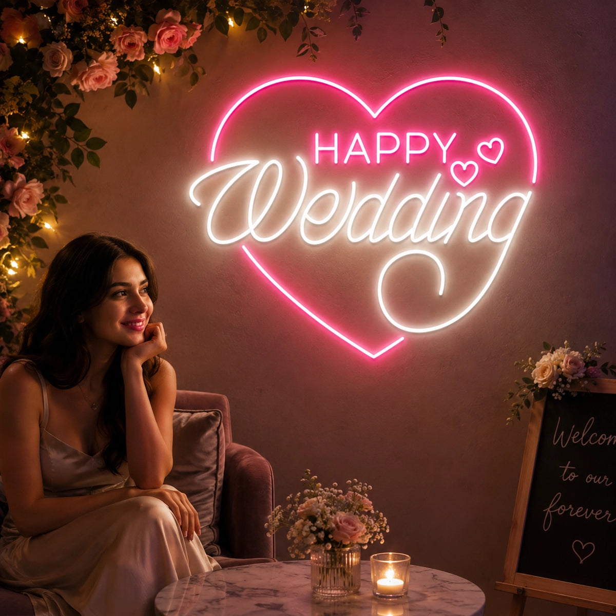 Happy Wedding Glow Neon Sign on wall