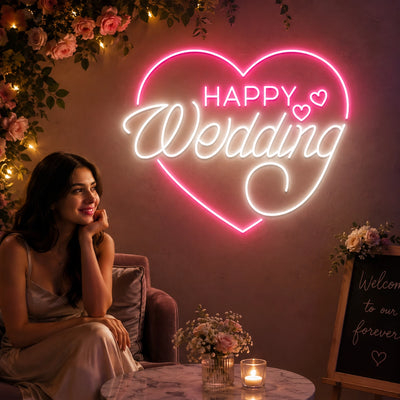 Happy Wedding Glow Neon Sign on wall