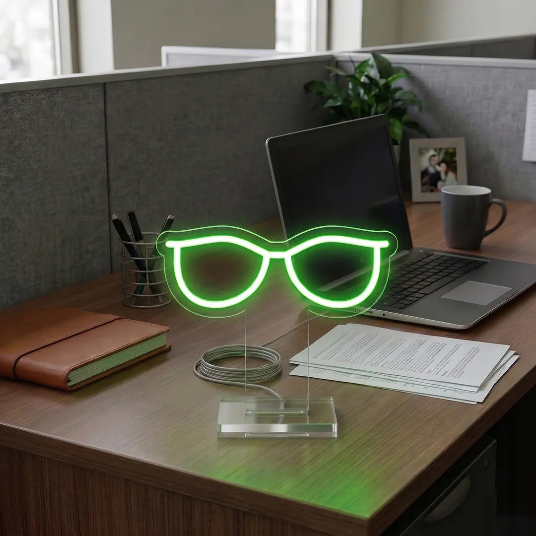 Retro Sunglasses Mini Neon Sign in Green Color