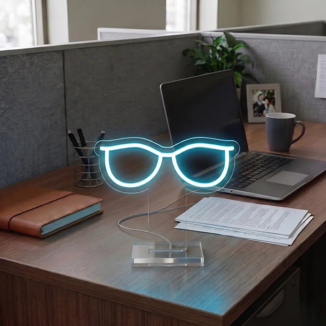 Retro Sunglasses Mini Neon Sign in Iceblue color