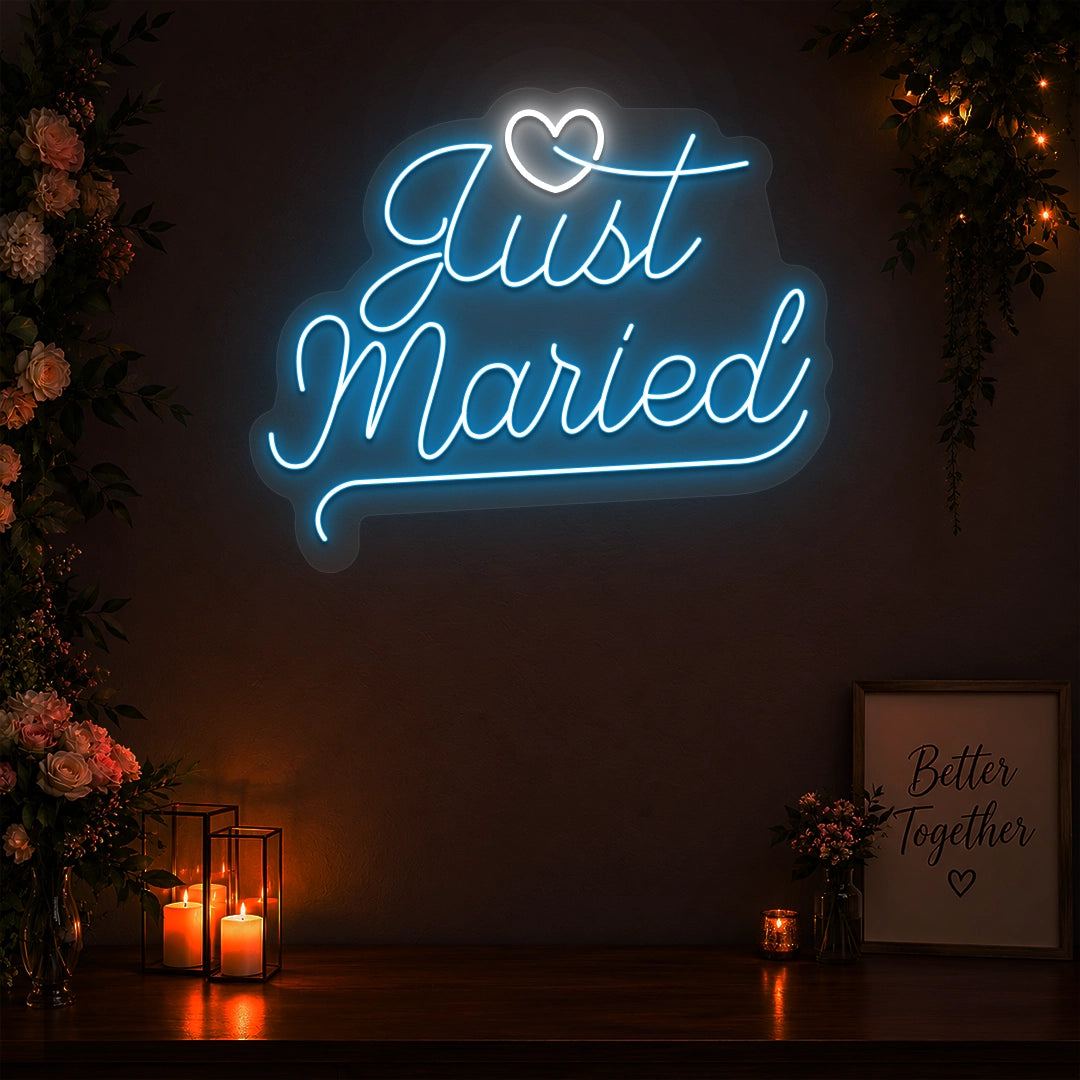Just Married Vows Wedding Neon Sign in Iceblue color