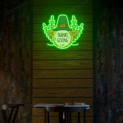 Pilgrim hat and wheat thanksgiving neon sign in green