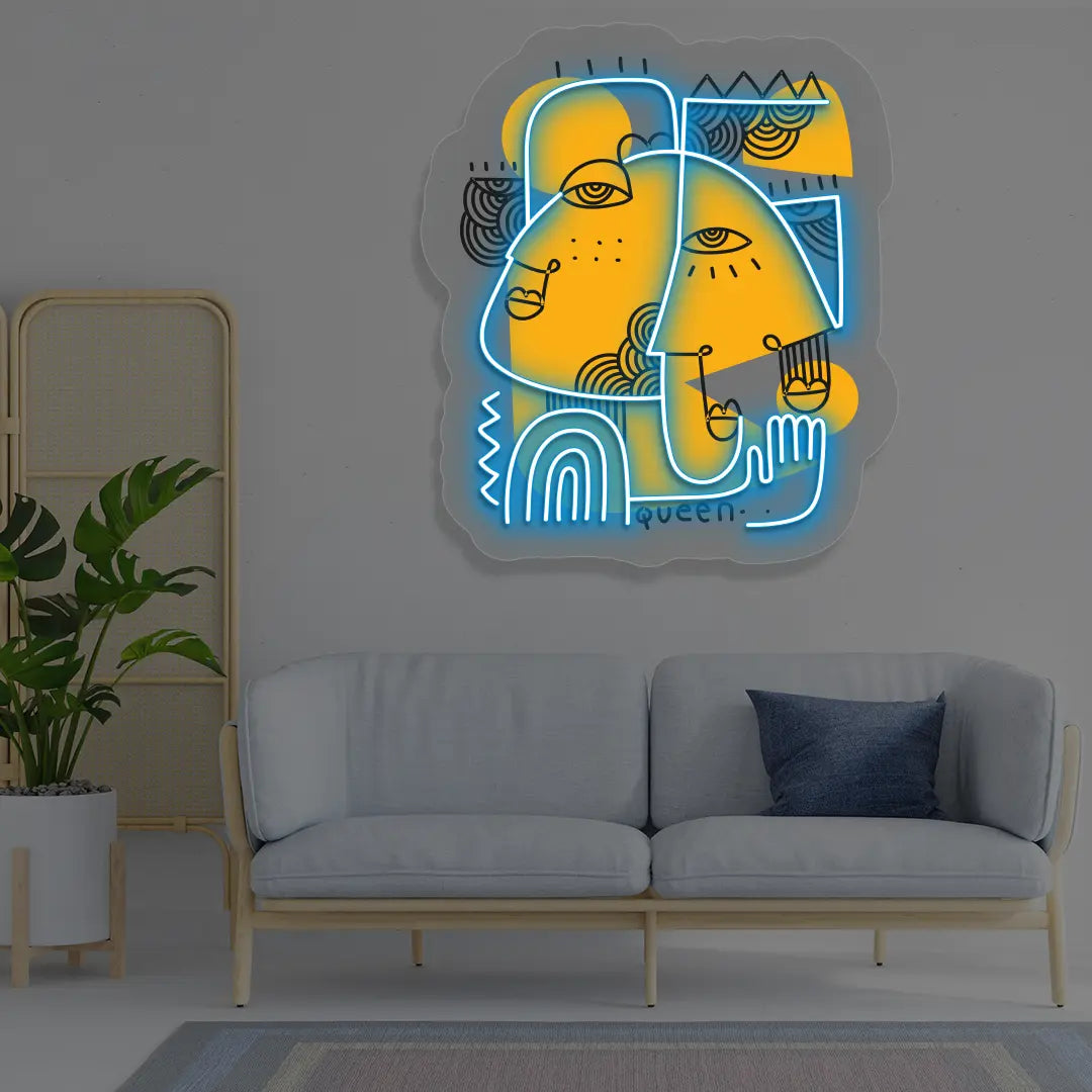 ice blue golden muse abstract Neon Artwork Sign mounted on a wall