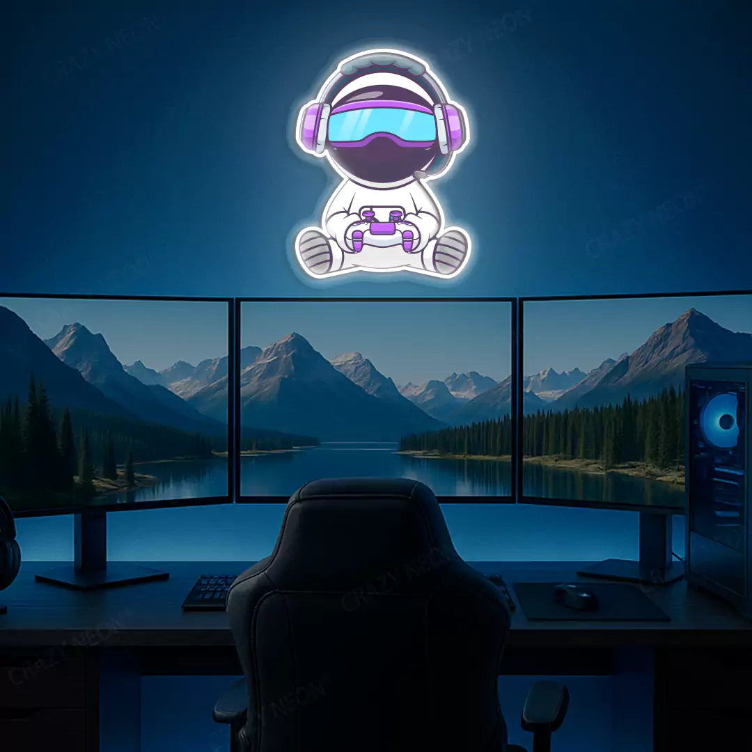 Kid Astronaut VR Gamer Neon Artwork in White Color mounted on Wall 