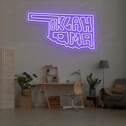 OKLAHOMA Map Neon Sign lighting up in purple color in a room