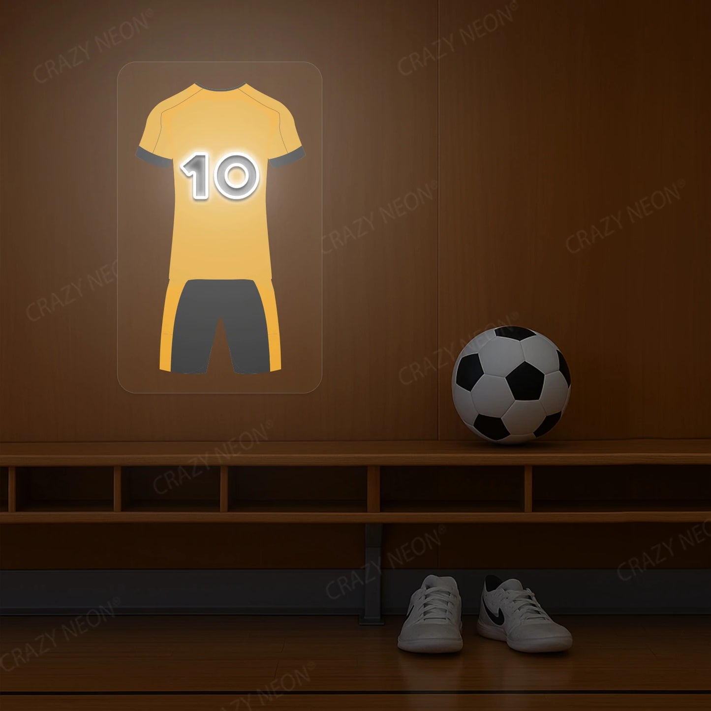 Yellow football jersey neon artwork with number 10 glowing on a wooden wall