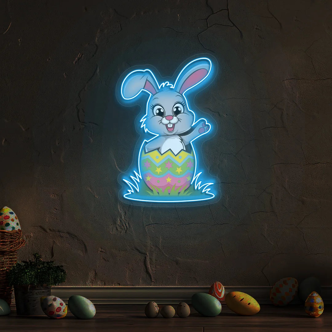 Easter Bunny in Egg Neon Artwork in iceblue color