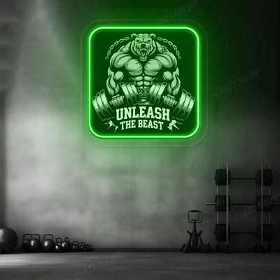 green unleash the beast bear neon artwork mounted on a wall