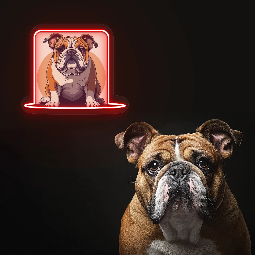 Bulldog Portrait Neon Artwork in Red Color