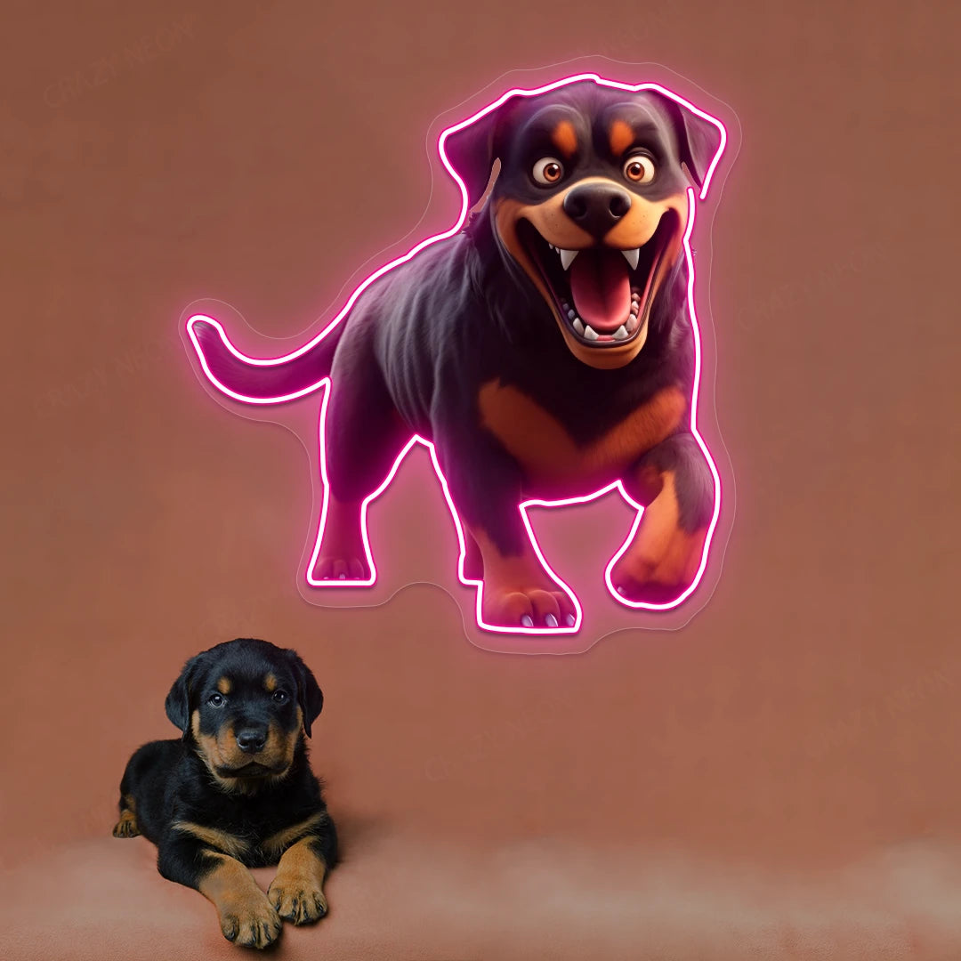 Playful Puppy Rottweiler Neon Artwork in pink color
