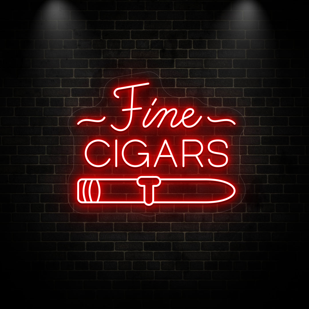 red Fine cigars retro bar vintage neon sign mounted on a wall