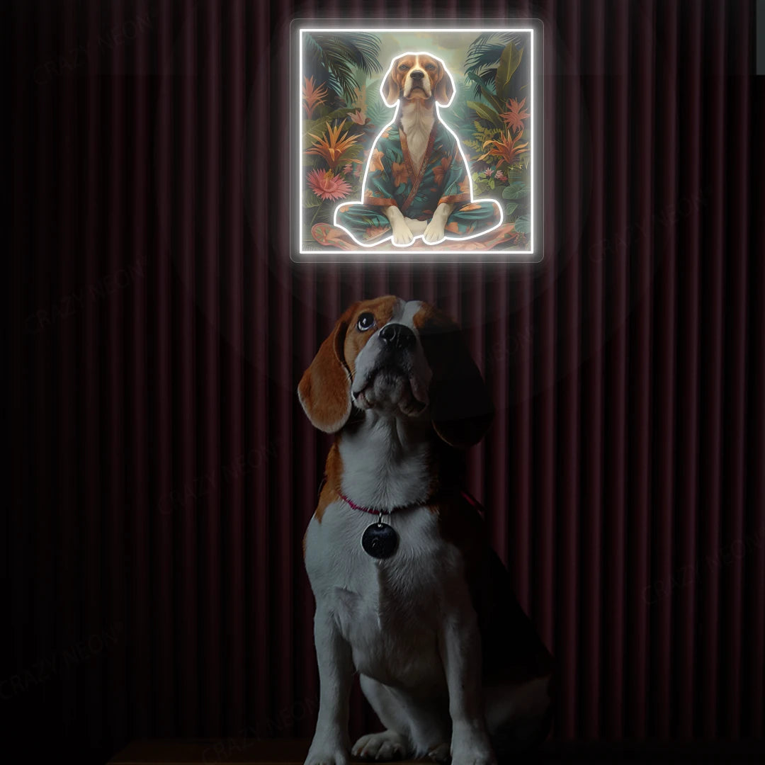 Tropical Zen Beagle Meditation Neon Artwork In Warmwhite Color
