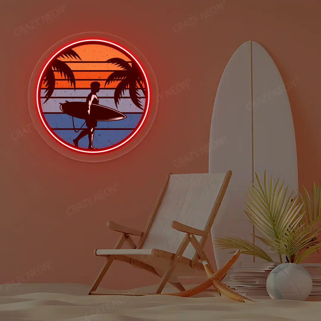 red surfer silhouette tropical sunset neon artwork mounted on a wall