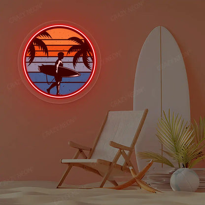 red surfer silhouette tropical sunset neon artwork mounted on a wall