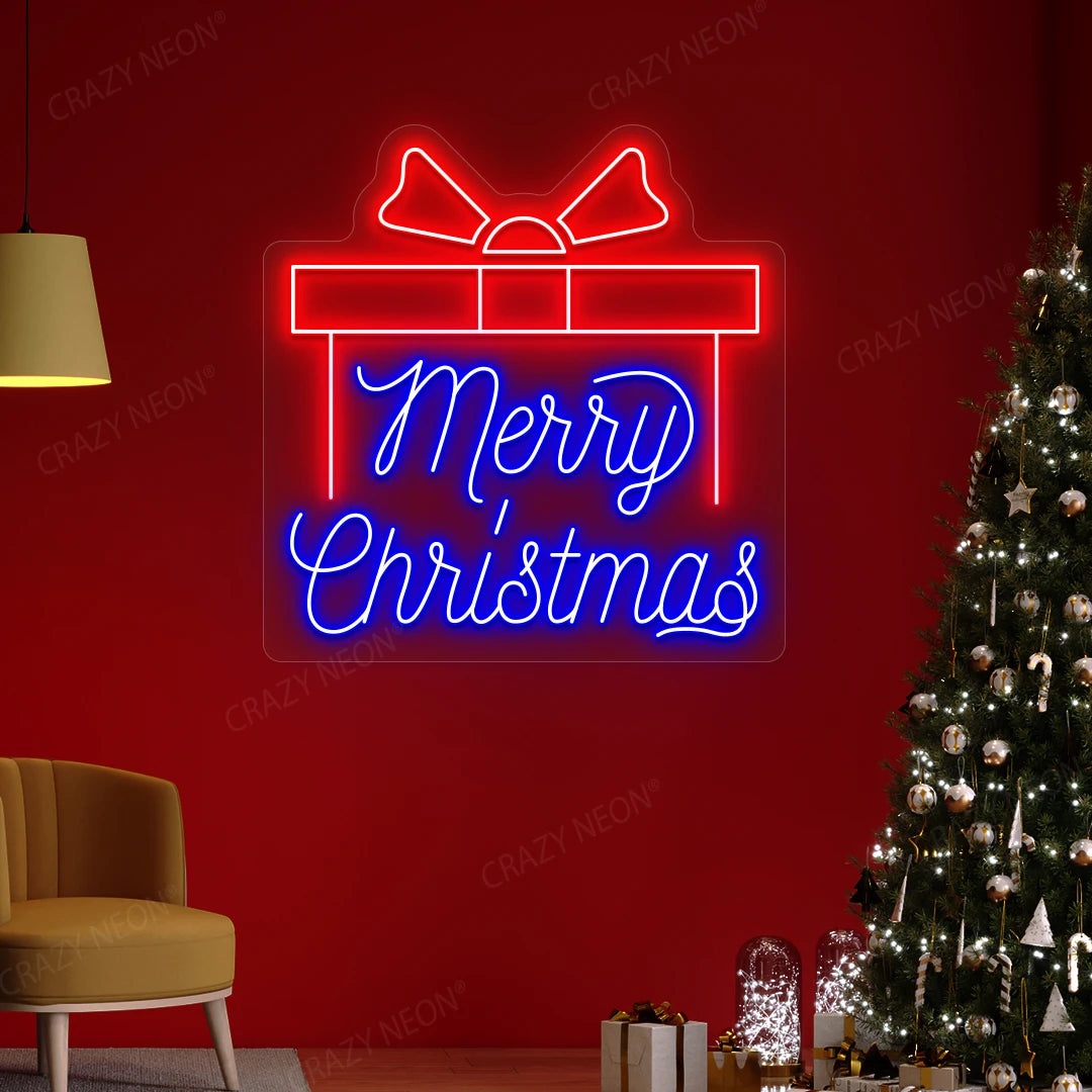 Merry Christmas Gift Box Neon Sign | Blue