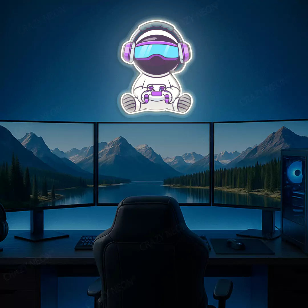 Kid Astronaut VR Gamer Neon Artwork in Warm White Color mounted on Wall 