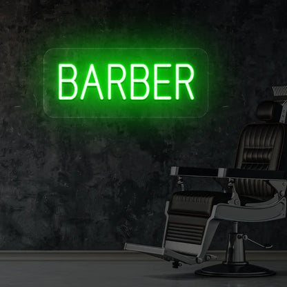 Barber Neon Sign in Green Colour Mounted on Wall 