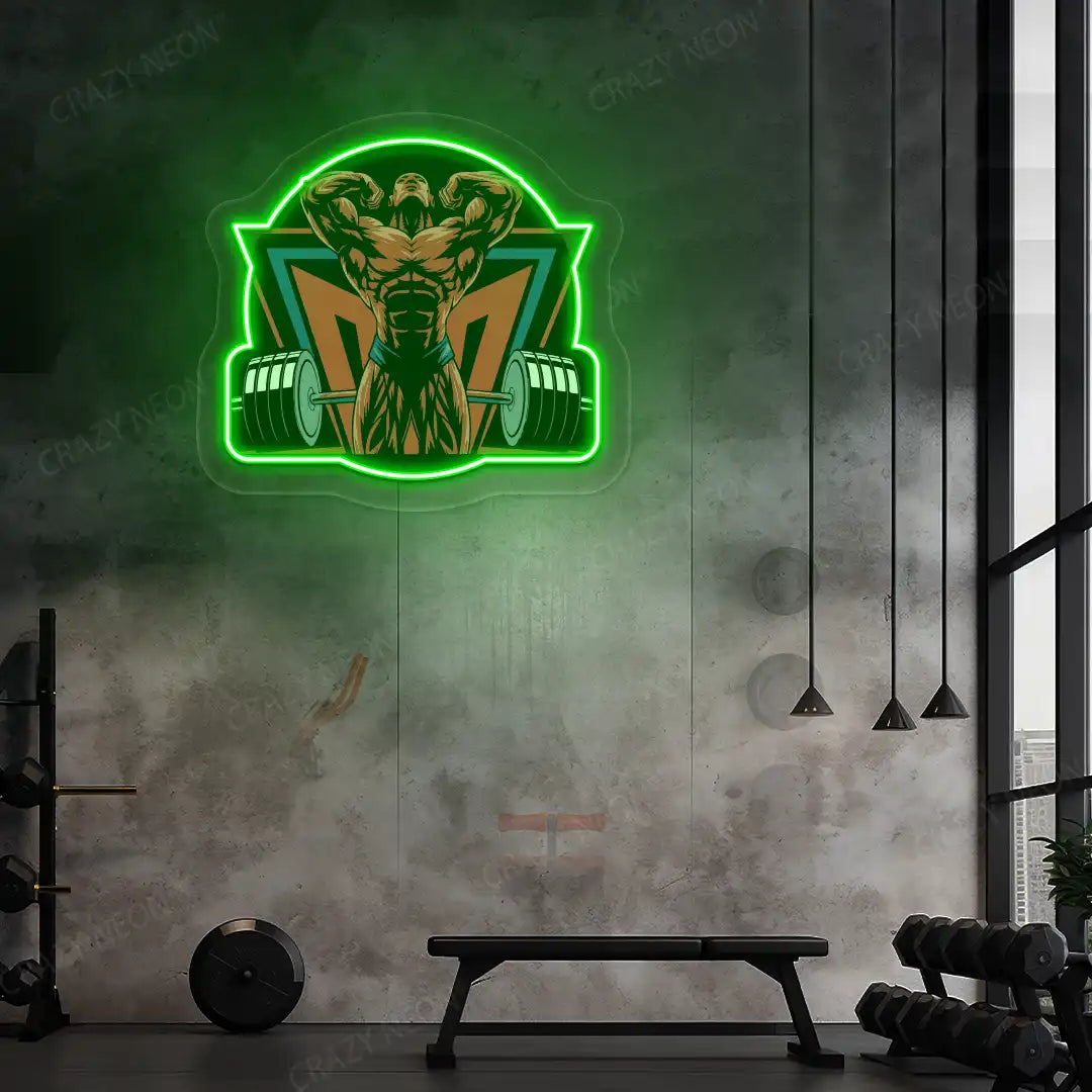 green powerlifter era gym neon artwork mounted on a wall