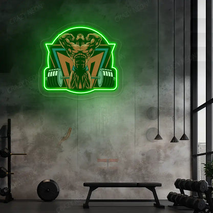 green powerlifter era gym neon artwork mounted on a wall
