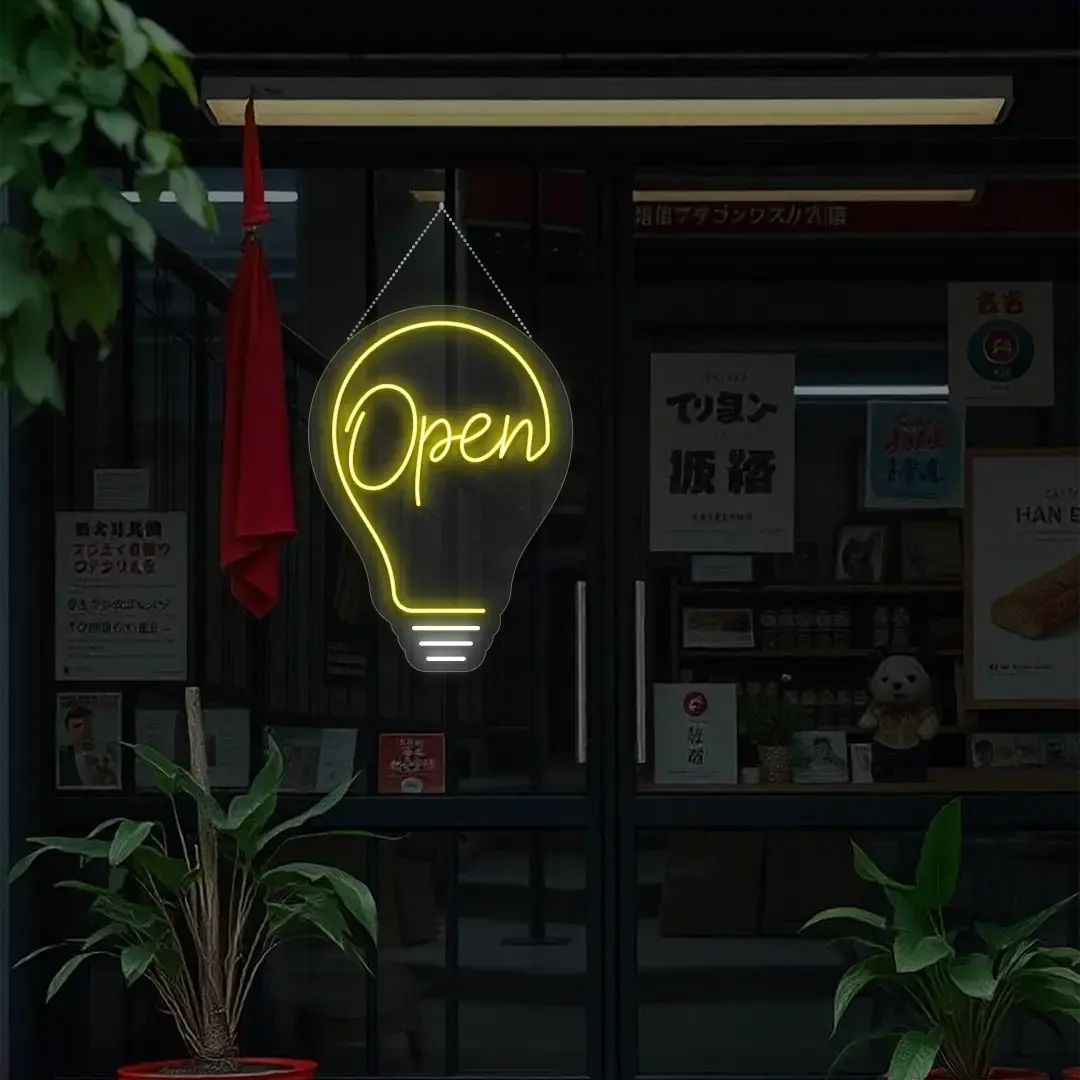 yellow bulb open neon sign hanging on a window