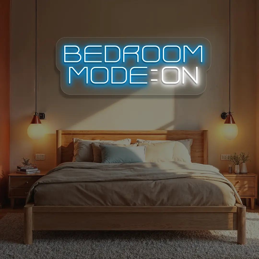 ice blue and white bedroom mode on neon sign mounted on a wall