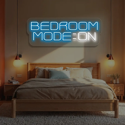 ice blue and white bedroom mode on neon sign mounted on a wall