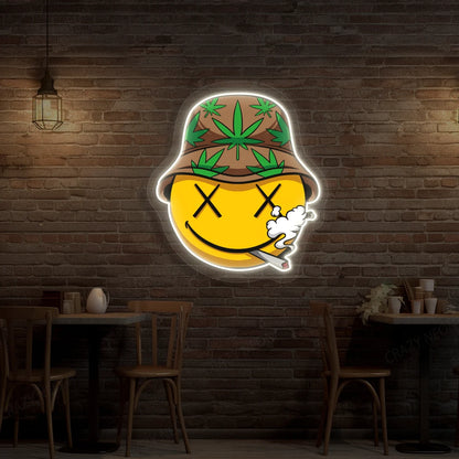 Smiley Stoner Weed Neon Artwork in White Color