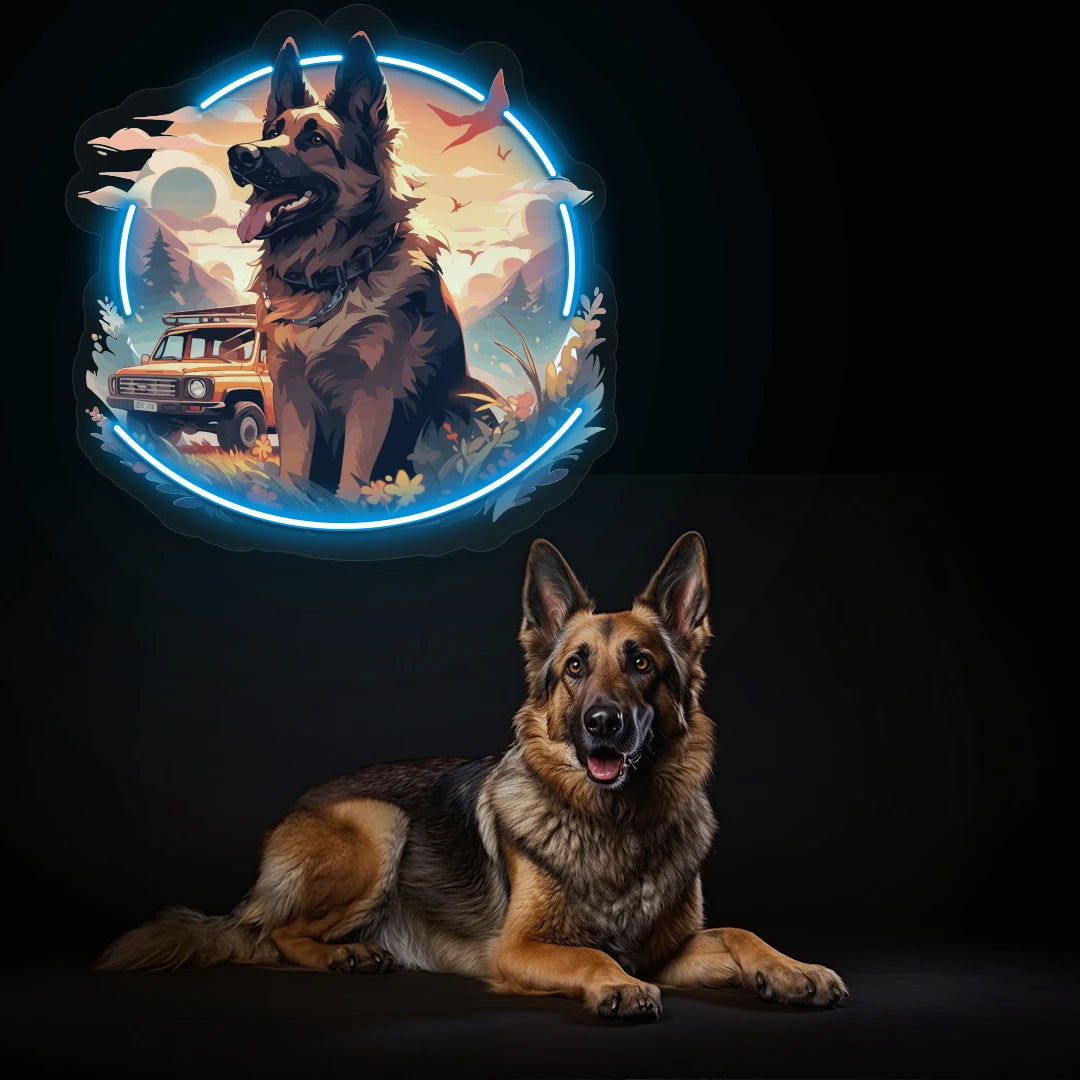 Adventure Trail German Shepherd Neon Artwork in Iceblue color