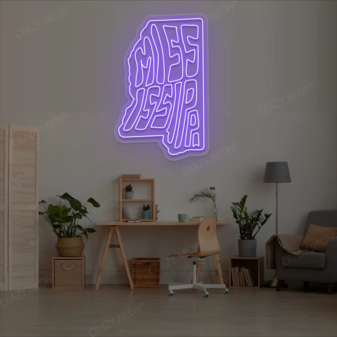 MISSISSIPPI Map Neon Sign lighting up in purple color in a room