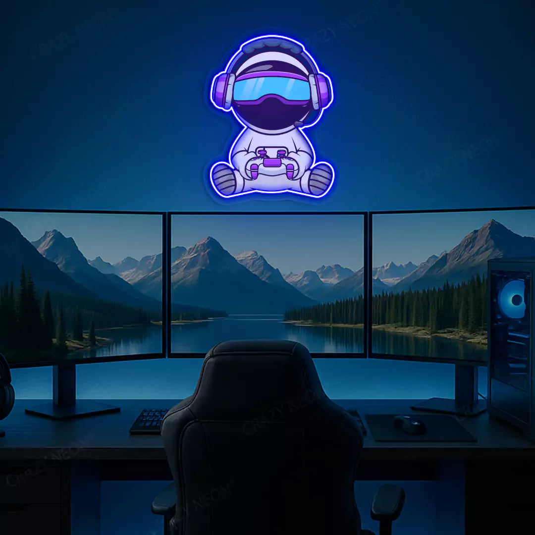 Kid Astronaut VR Gamer Neon Artwork in Blue Color mounted on Wall 