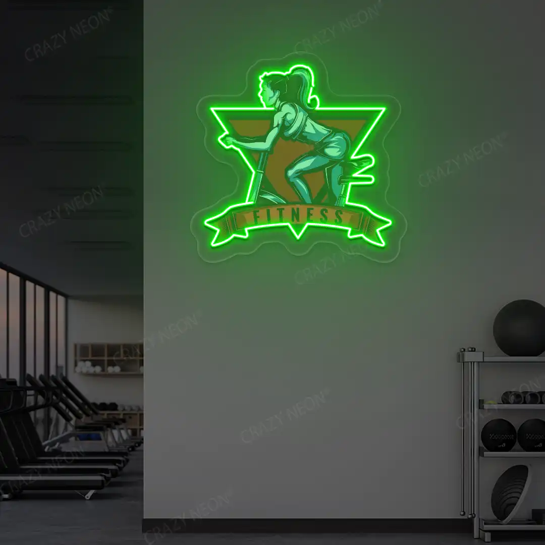 green girl spinning fitness neon artwork mounted on a wall