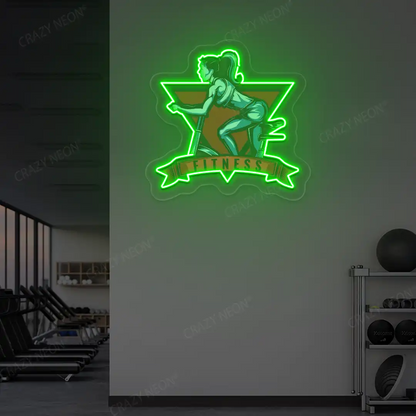 green girl spinning fitness neon artwork mounted on a wall