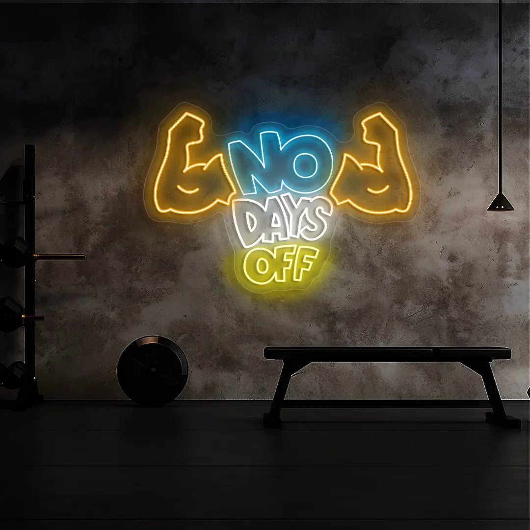 multi color no days off neon sign mounted on a wall