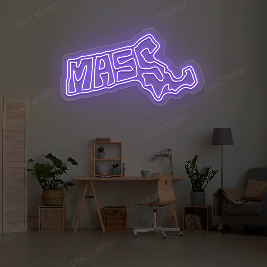 MASSACHUSETTS Map Neon Sign lighting up in purple color in a room