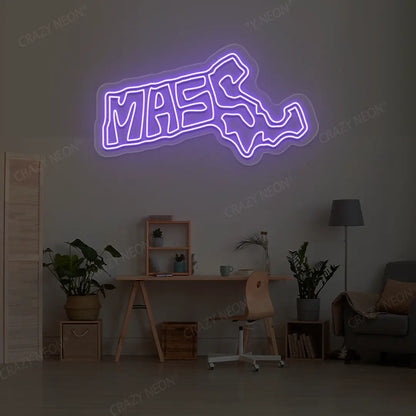 MASSACHUSETTS Map Neon Sign lighting up in purple color in a room
