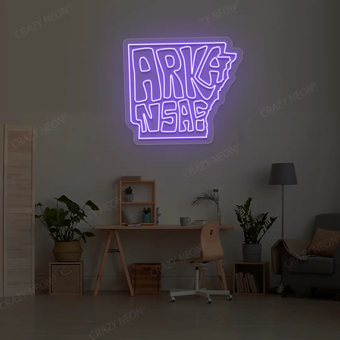 ARKANSAS Map Neon Sign lighting up in purple color in a room